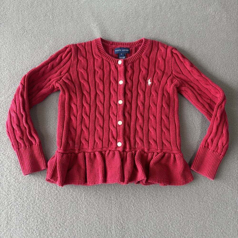 Ralph Lauren Girls Size 5 Red Cable Knit Peplum Cardigan Sweater Pony Logo Fall